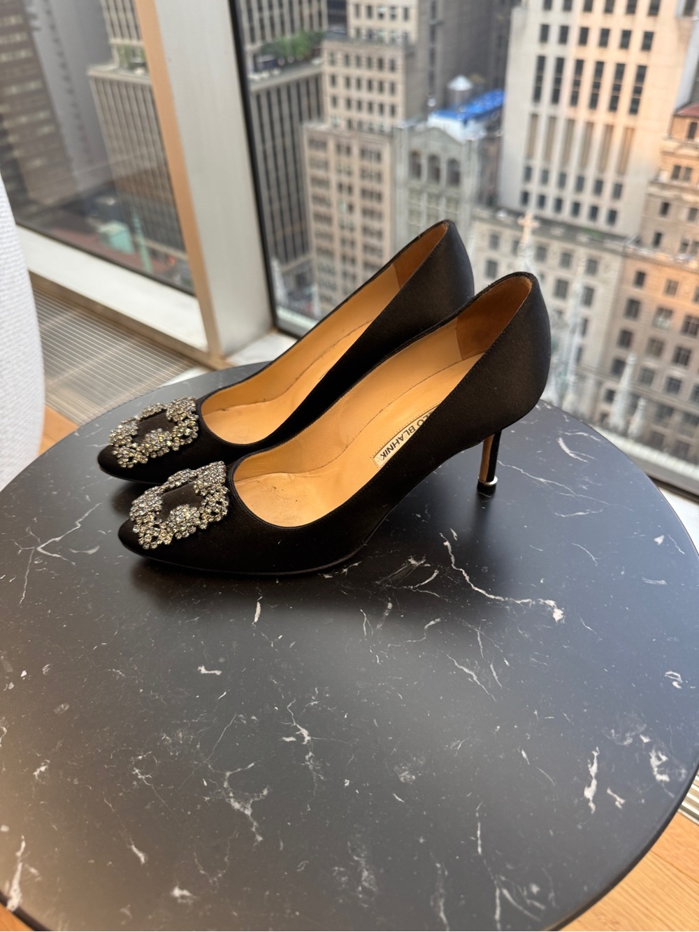 Manolo Blahnik Black Satin Crystal Buckle Pumps
